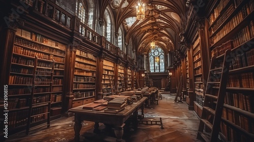 A grand ancient library illuminated by warm golden light, showcasing rows of aged books, towering wooden bookshelves, and medieval architecture with gothic arches and ornate chandeliers.