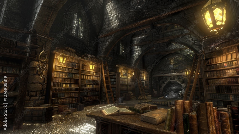 Fototapeta premium A grand ancient library illuminated by warm golden light, showcasing rows of aged books, towering wooden bookshelves, and medieval architecture with gothic arches and ornate chandeliers.