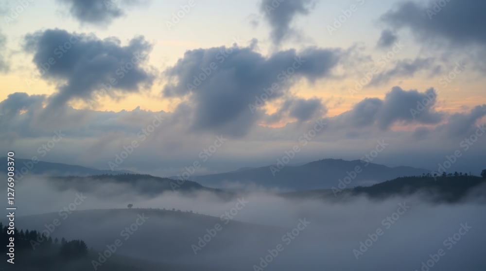 Misty Hills and Cloudy Sky at Sunrise Nature Landscape View Misty Hills and Cloudy Sky at Sunrise Nature Landscape View