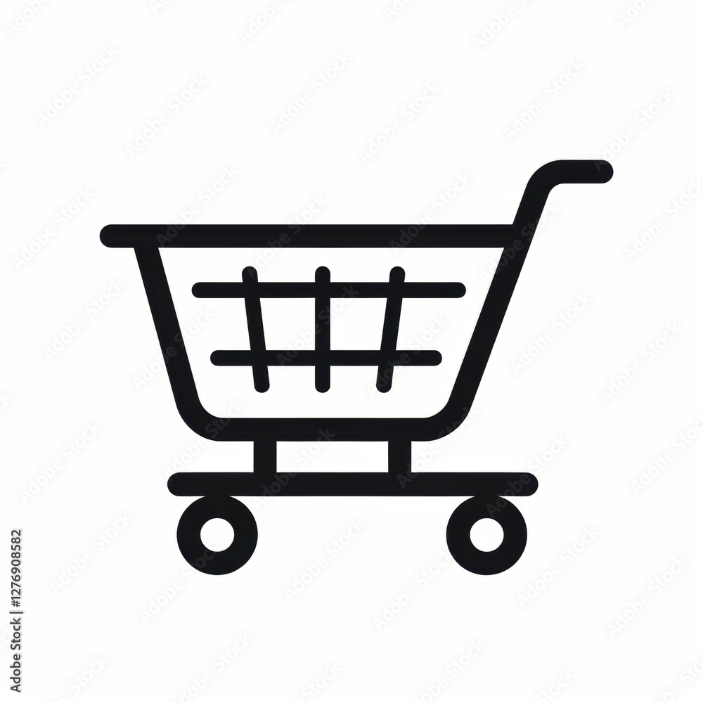 A clean black outline shopping cart icon, representing e-commerce, online shopping, and retail in a simple and minimal design.