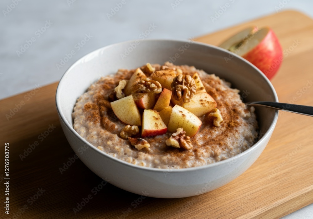Bowl of creamy oatmeal topped with fresh apples, walnuts, and cinnamon on wooden table, fiber-rich breakfast. Bowl of creamy oatmeal topped with fresh apples, walnuts, and cinnamon on wooden table, fiber-rich breakfast.