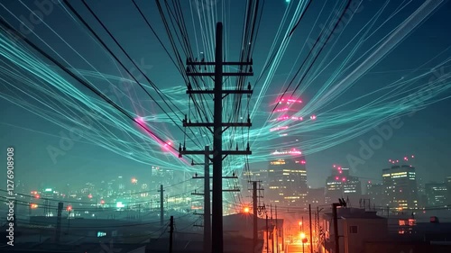 A city skyline with a power line that is lit up in the night sky. The sky is filled with lights and the city is lit up