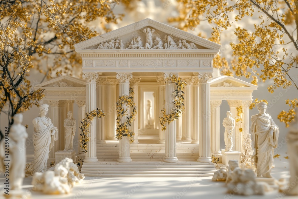 Obraz premium Golden Olive Branches Adorn Ancient Greek Temple in Serene Garden