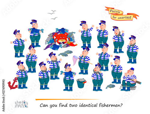Logic puzzle for children and adults. Can you find two identical fishermen? Game Seek and Find. Page for kids brain teaser book. Task for attentiveness. IQ test. Play online. Flat vector illustration