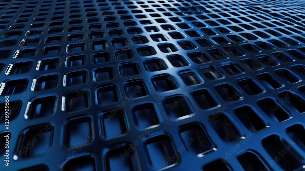 Naklejka premium Abstract metallic grid surface with blue reflections and perspective