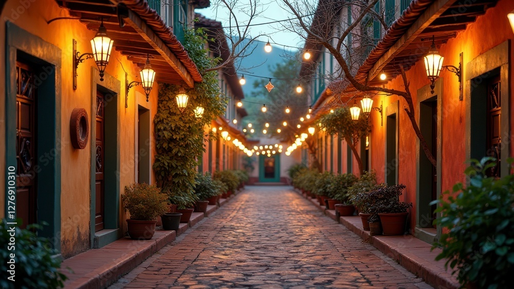 Charming cobblestone alley with warm lanterns and string lights at dusk Charming cobblestone alley with warm lanterns and string lights at dusk