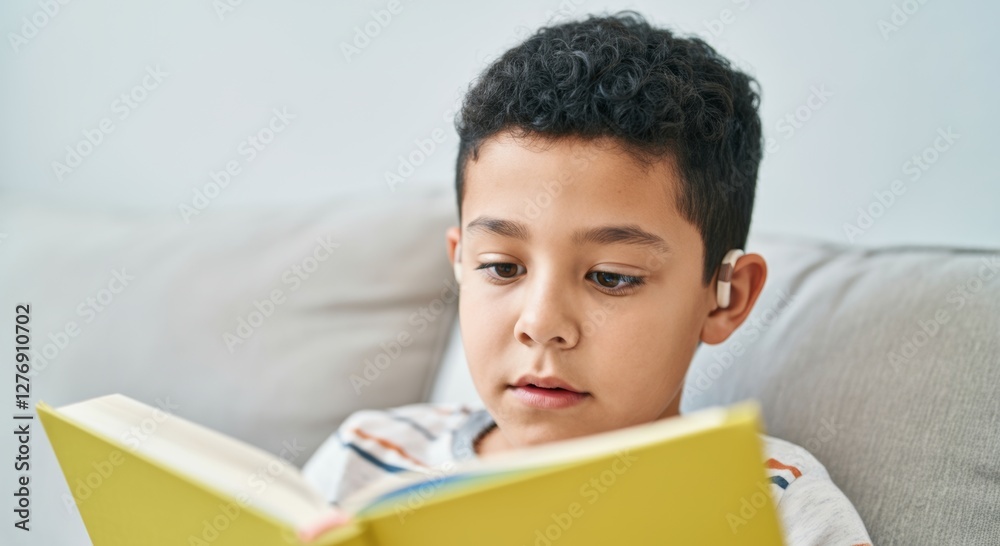 Young boy with hearing aid reading a book on sofa at home Young boy with hearing aid reading a book on sofa at home