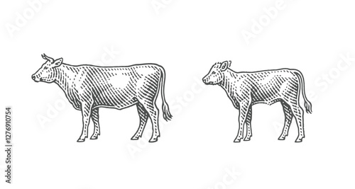Bull and calf.  Black Angus. Hand drawn engraving style illustrations.	