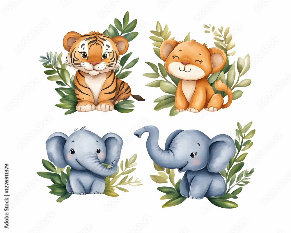 Naklejka premium Adorable baby tiger, lion, and elephants amidst lush foliage; ideal for children's books
