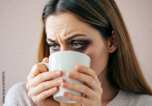 Worried young woman with bruised eyes holding coffee mug in contemplative pose