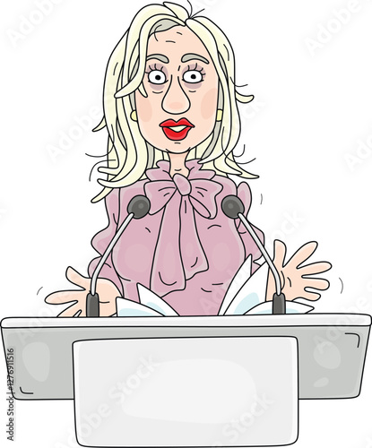 Government official or business woman giving a speech and making an official statement at a podium with microphones at a press conference, vector cartoon illustration on a white background