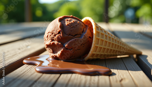 Melting chocolate ice cream cone with a scoop on the wooden table in a sunny outdoor setting