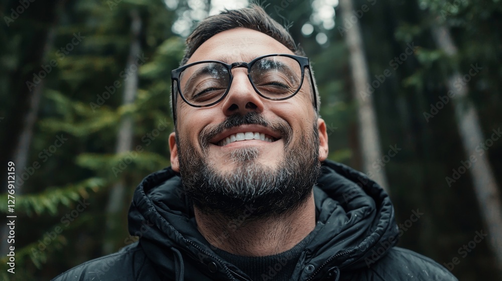Man smiling in forest during autumn with trees in background and natural light illuminating his face