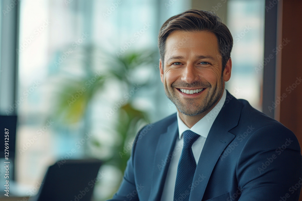 Portrait of a businessman wearing a suit smiling in a modern office Portrait of a businessman wearing a suit smiling in a modern office