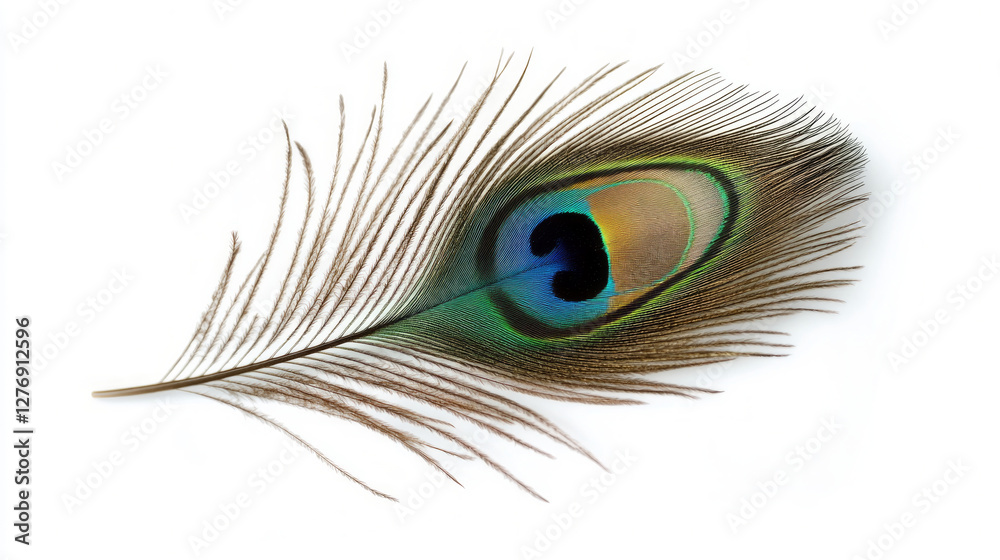 Obraz premium Peacock feather showing iridescent green and blue colors on white background