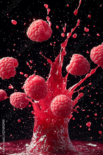 Exploding raspberry burst, vibrant red and pink color palette, juice splashes and raspberry fragments flying outward photo