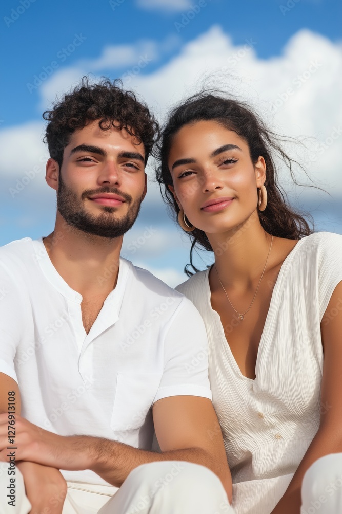 Fototapeta premium A man and a woman are sitting on a beach, smiling at the camera. The man is wearing a white shirt and the woman is wearing a white dress. Scene is happy and relaxed