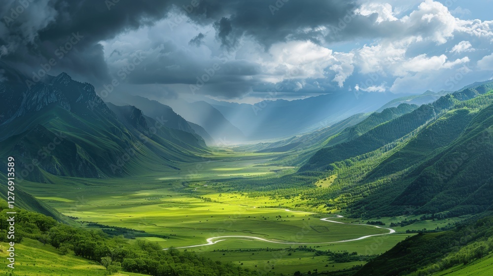 Naklejka premium A vast verdant valley framed by towering misty mountains, where nature thrives under a dramatic sky.