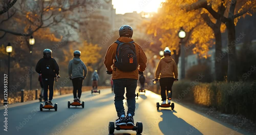 A group of friends enjoys a leisurely ride on electric scooters through a picturesque autumn park at sunset.