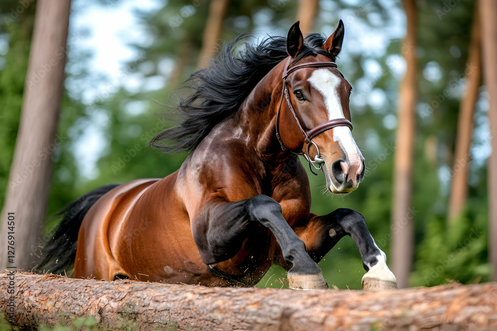 Obraz premium Chestnut horse leaps log, forest backdrop, equestrian action, nature