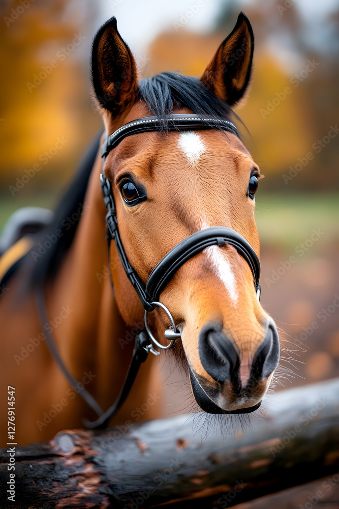 Obraz premium Chestnut horse portrait, autumn paddock, blurred background, equestrian photography