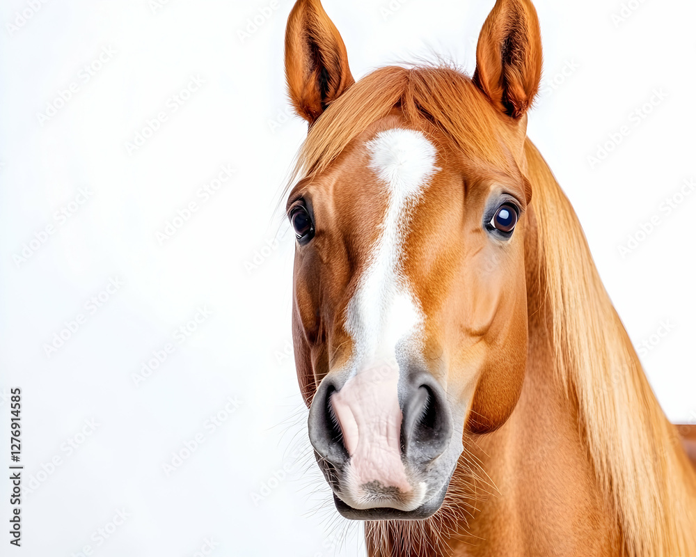 Obraz premium Chestnut horse portrait, studio shot, white background, equine beauty
