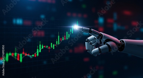 A robotic arm is analyzing financial data displayed on a digital screen, symbolizing the integration of Ai technology in financ