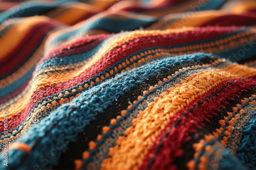 Colorful textured fabric with warm tones and intricate patterns