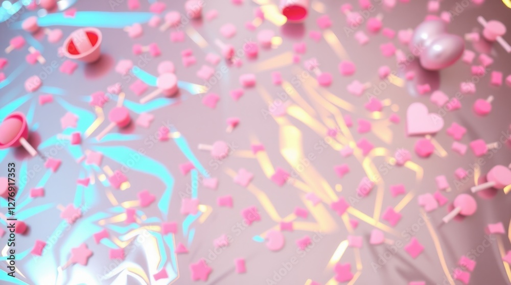 Sweet Celebration Confetti with Candy and Heart on Iridescent Background Sweet Celebration Confetti with Candy and Heart on Iridescent Background