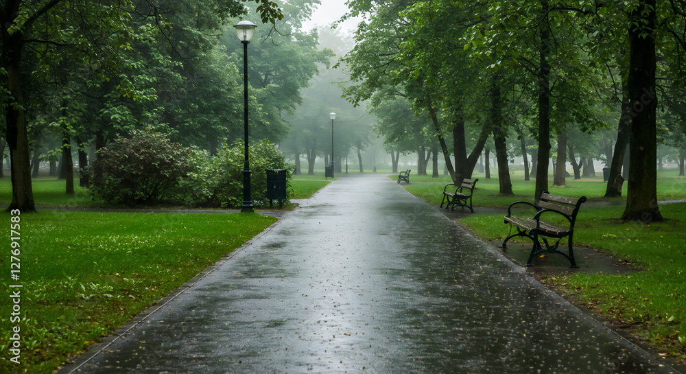 Obraz premium 雨の日の公園ベンチ