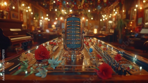 Vintage microphone on ornate wooden platform in a music room with colorful decorations photo