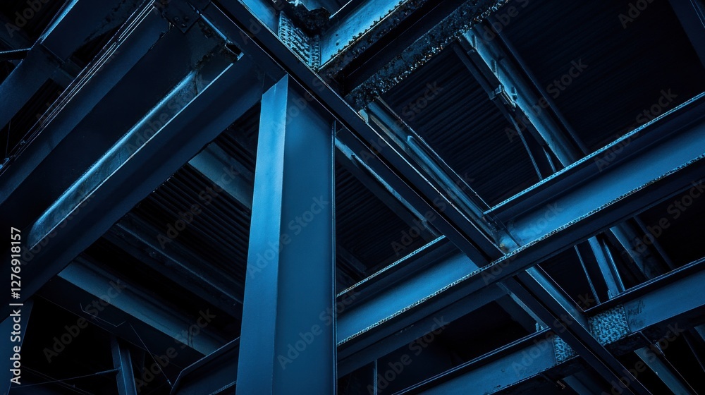 A striking low angle view of intersecting blue steel beams structure A striking low angle view of intersecting blue steel beams structure