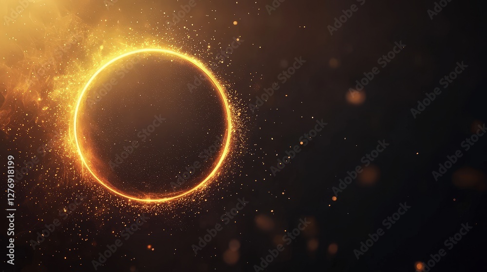 Naklejka premium Glowing ring with sparks on a dark background, representing enlightenment, innovation, and cosmic events. Perfect for technology and scientific content.