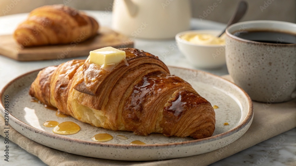 Freshly Baked Croissant with Butter and Coffee