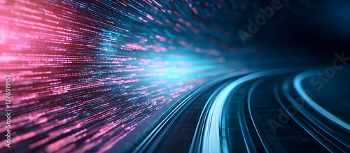 A train is traveling down a track with a bright blue and pink light trailing it