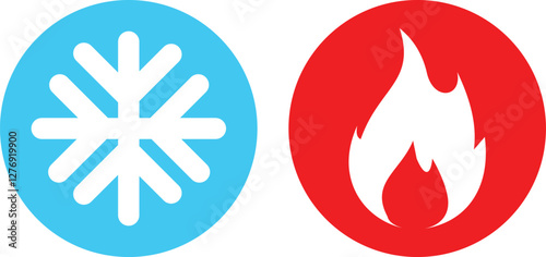 Hot and cold set icon. Fire and snowflake sign. Heating and cooling button. circles. Isolated vector illustration.
