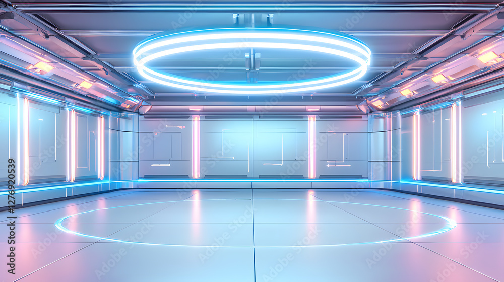 Fototapeta premium Futuristic technology showcase virtual gallery 3d environment neon aesthetics modern viewpoint interactive experience