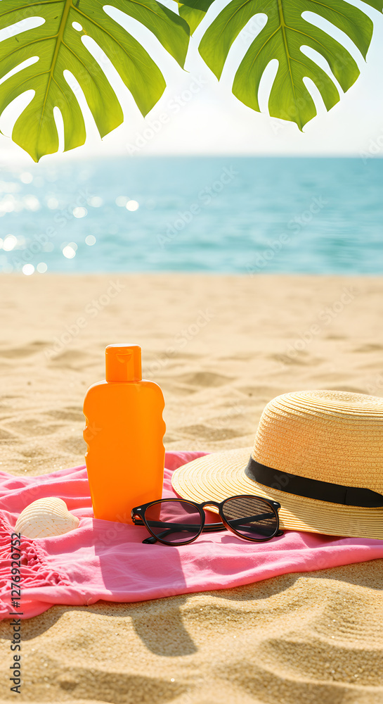 A vibrant beach scene featuring a bottle of sunscreen, sunglasses, and a straw hat on a pink towel. The sandy beach and ocean create a relaxing atmosphere, with palm leaves overhead. A vibrant beach scene featuring a bottle of sunscreen, sunglasses, and a straw hat on a pink towel. The sandy beach and ocean create a relaxing atmosphere, with palm leaves overhead.