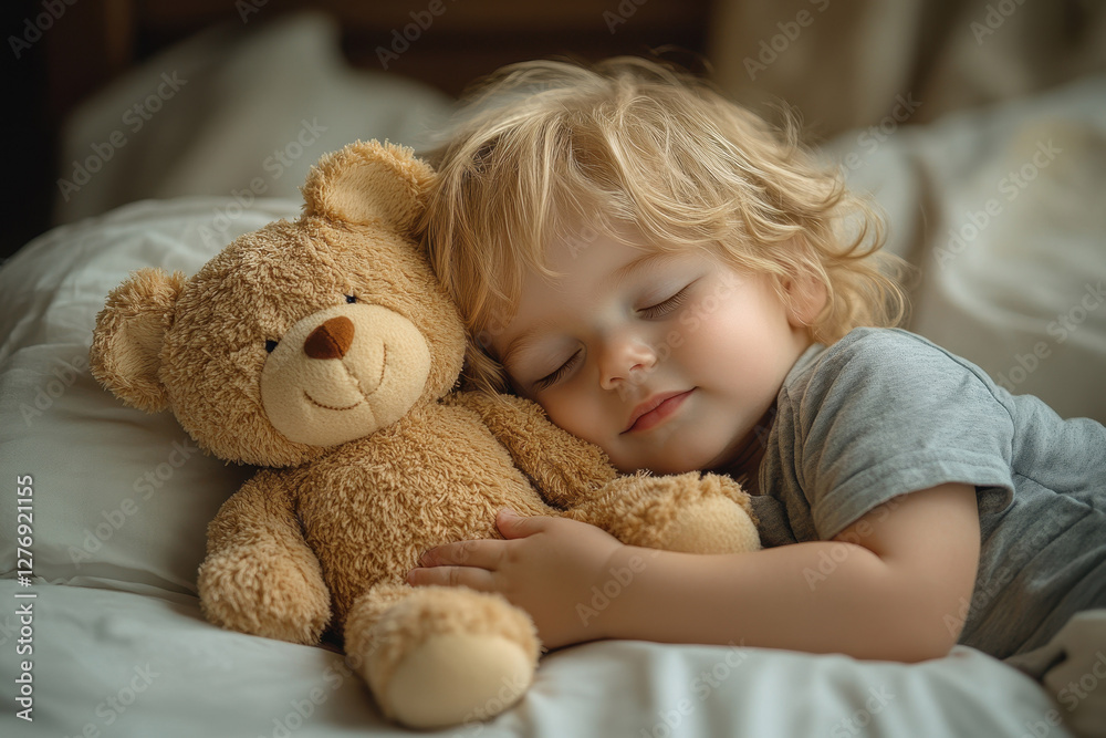 Child peacefully sleeping with teddy bear in cozy bed during a quiet afternoon Child peacefully sleeping with teddy bear in cozy bed during a quiet afternoon