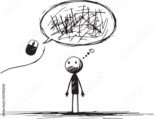 "Hand-Drawn Stick Figure with Chaotic Thought Bubble – Sketch Art"