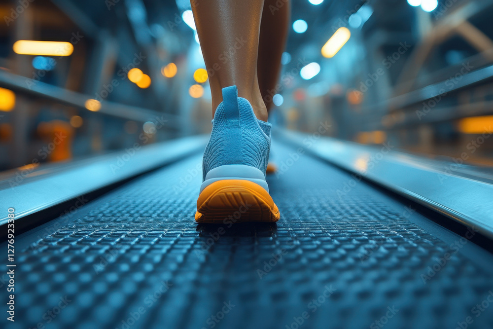 Fototapeta premium Person jogging on a treadmill in a modern fitness center during evening hours