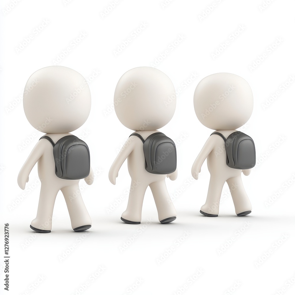 Three Simplified Figures Walking with Backpacks on White Background Three Simplified Figures Walking with Backpacks on White Background