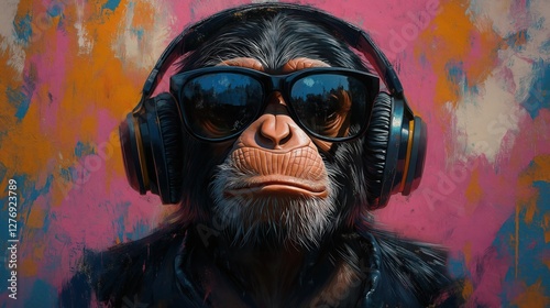 Trendy monkey with sunglasses and headphones in vibrant graffiti background