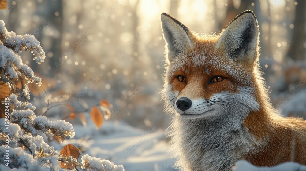 Fototapeta premium Majestic red fox in snowy forest during winter with falling snowflakes