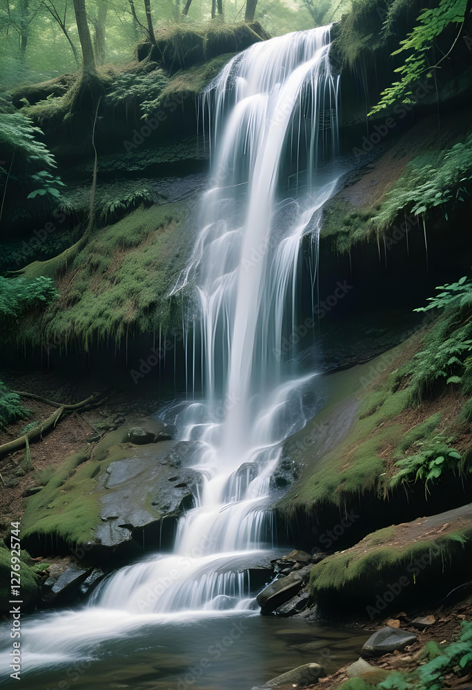 Scenic view of stream flowing through rocks in forest, with stone of green moss. mossy rock. lake, pond, water, waterfall. Scenic view of stream flowing through rocks in forest, with stone of green moss. mossy rock. lake, pond, water, waterfall.