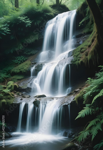 Scenic view of stream flowing through rocks in forest, with stone of green moss. mossy rock. lake, pond, water,  waterfall.
