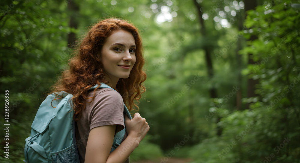 A young woman with curly red hair smiles while hiking in a lush green forest. She carries a light blue backpack and is surrounded by trees and foliage, creating a serene outdoor atmosphere. A young woman with curly red hair smiles while hiking in a lush green forest. She carries a light blue backpack and is surrounded by trees and foliage, creating a serene outdoor atmosphere.