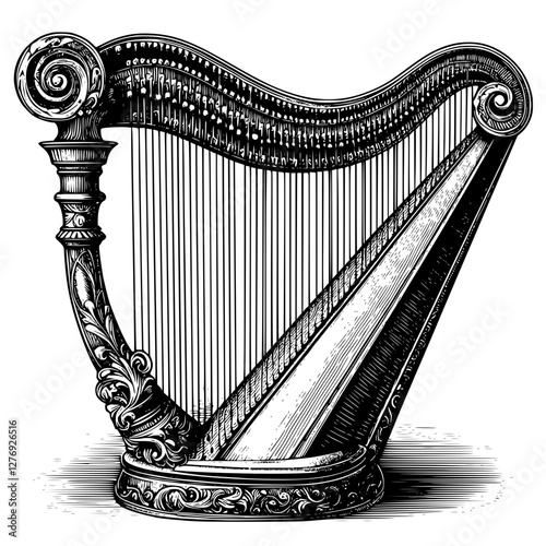 Harp musical instrument , black and white sketch