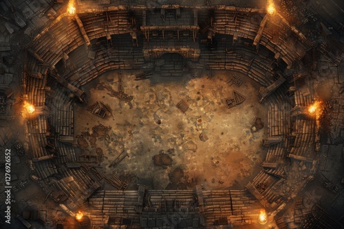 Ancient battle arena with stone steps, burning torches, and a bloodstained floor, creating a dark fantasy setting for gladiatorial combat and epic battles.