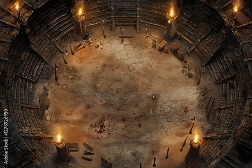 Ancient battle arena with stone steps, burning torches, and a bloodstained floor, creating a dark fantasy setting for gladiatorial combat and epic battles.